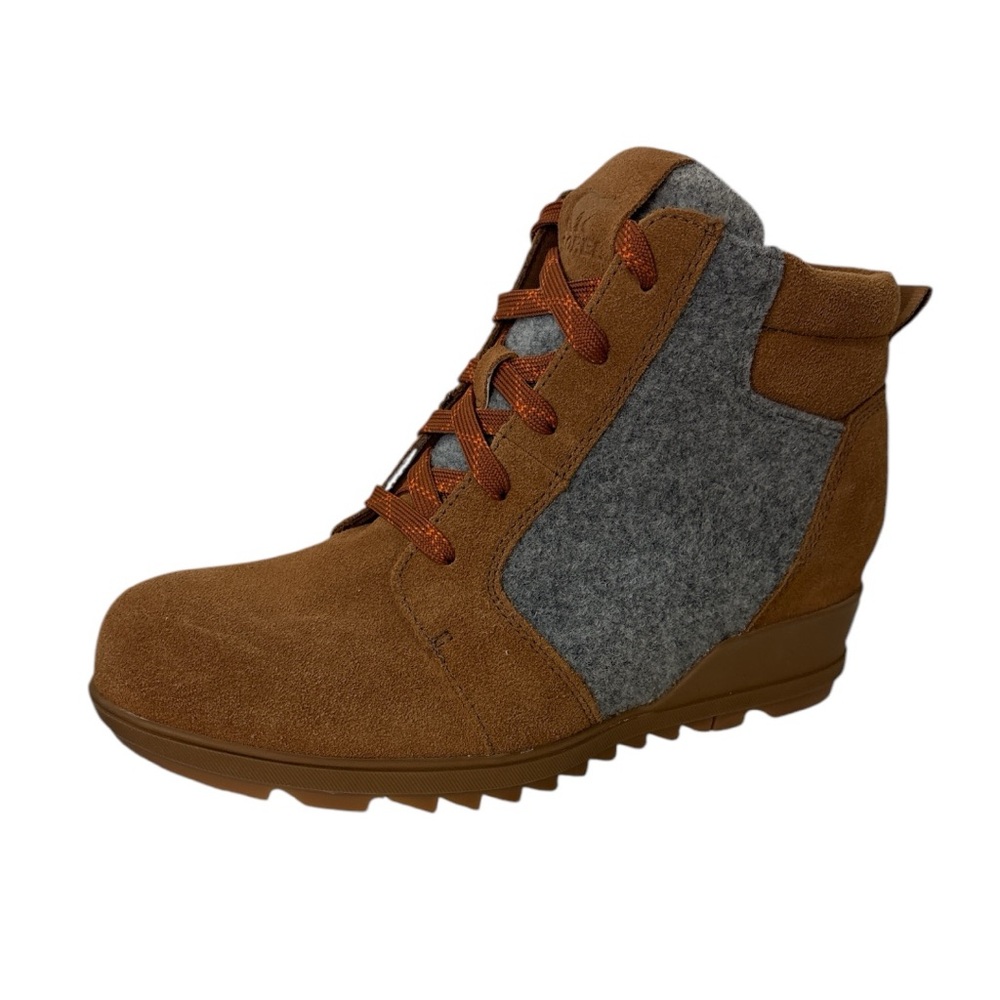 Sorel NEW Evie Ankle Lace Heel Bootie Brown Gray 9.5 Waterproof Suede Felt Wedge